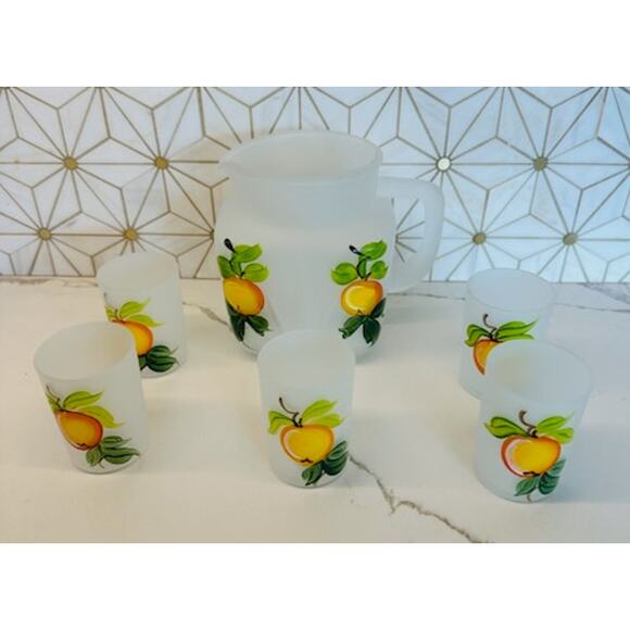 Vintage Gay Fad Hazel Atlas Frosted Peach‎ Pitcher and 5 Glasses | Hand-Painted - Picture 1 of 10